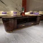 Luxury TV Stand with Curved End Panels, Natural Wood Veneer Finish and Stainless Steel Accent Details